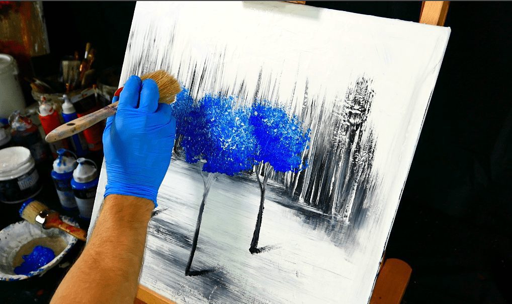 3 blue trees on ice - painting video step by step demonstration