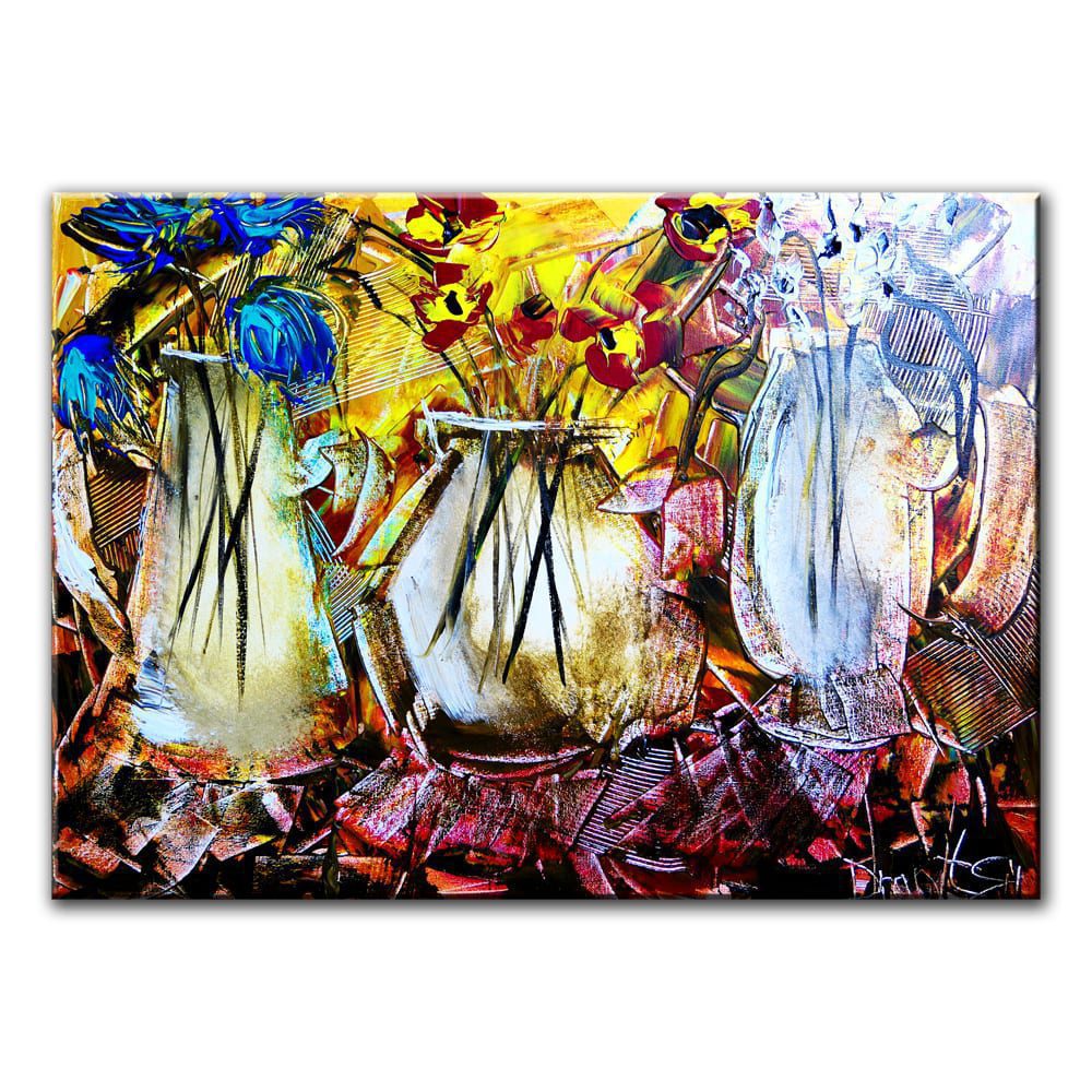Bursting with Life: 3 Vases Overflowing with Blue, Yellow, and Red Blooms in Abstract Style – A Captivating Acrylic Painting Journey