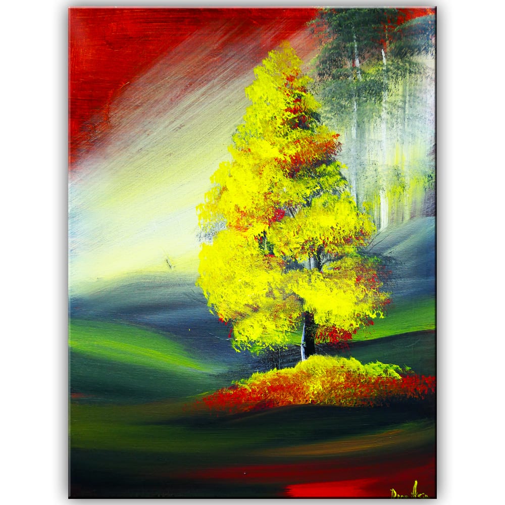 **🌟 Radiant Golden Autumn Tree in a Vivid Symphony of Red and Green: Acrylic Painting Masterpiece 🌟