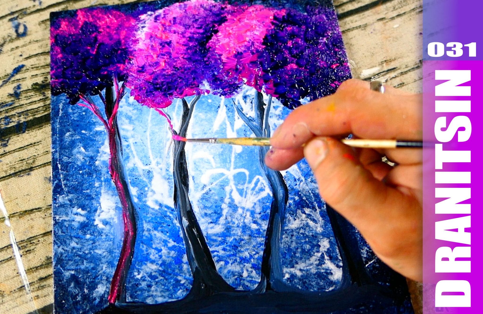 Dazzling Pink Violet Trees on a Mesmerizing Blue Abstract Canvas: A Step-by-Step Acrylic Painting Tutorial
