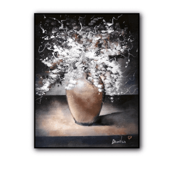 bronze vase with white flowers, acrylic painting