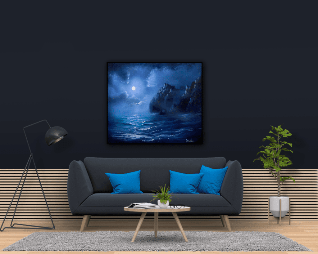 night ocean mountains acrylic seascape painting by urartstudio.com 1