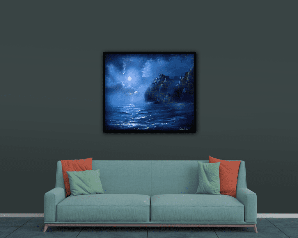 night ocean mountains acrylic seascape painting by urartstudio.com 1