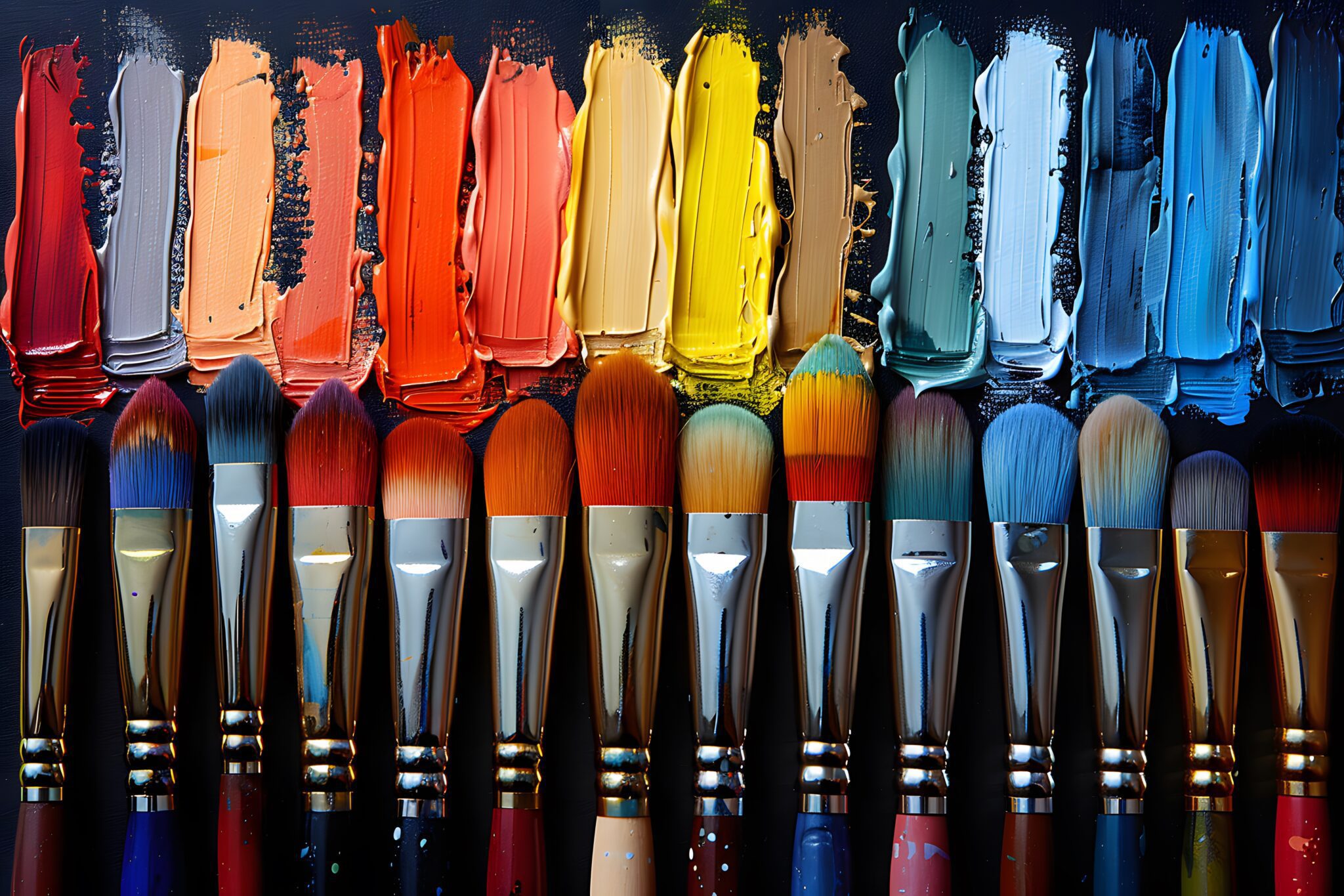 A vibrant display showcasing a row of paintbrushes with colorful paint strokes above them on a dark canvas background. the paintbrushes exhibit various brush types and sizes, representing essential tools for artists and painters.