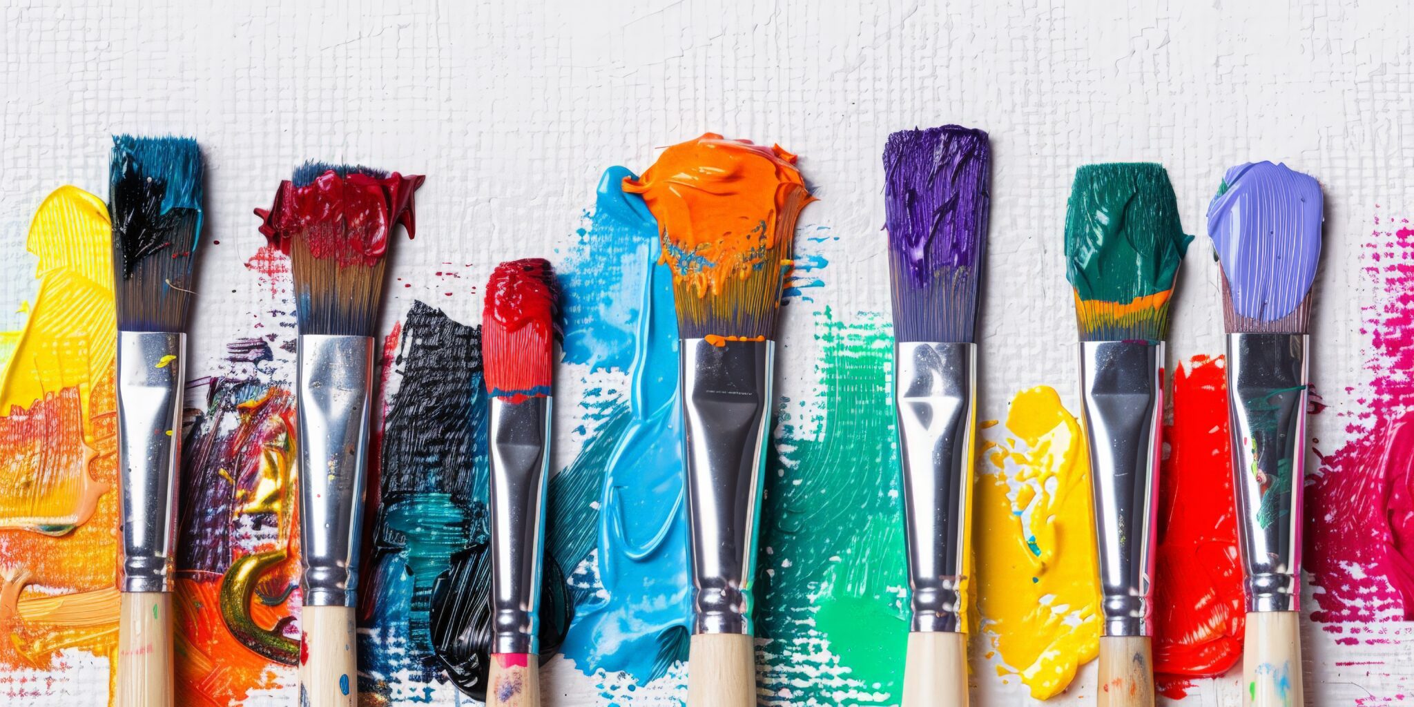An artistic explosion of vibrant paint splashes from brushes on a canvas capturing creativity in action.