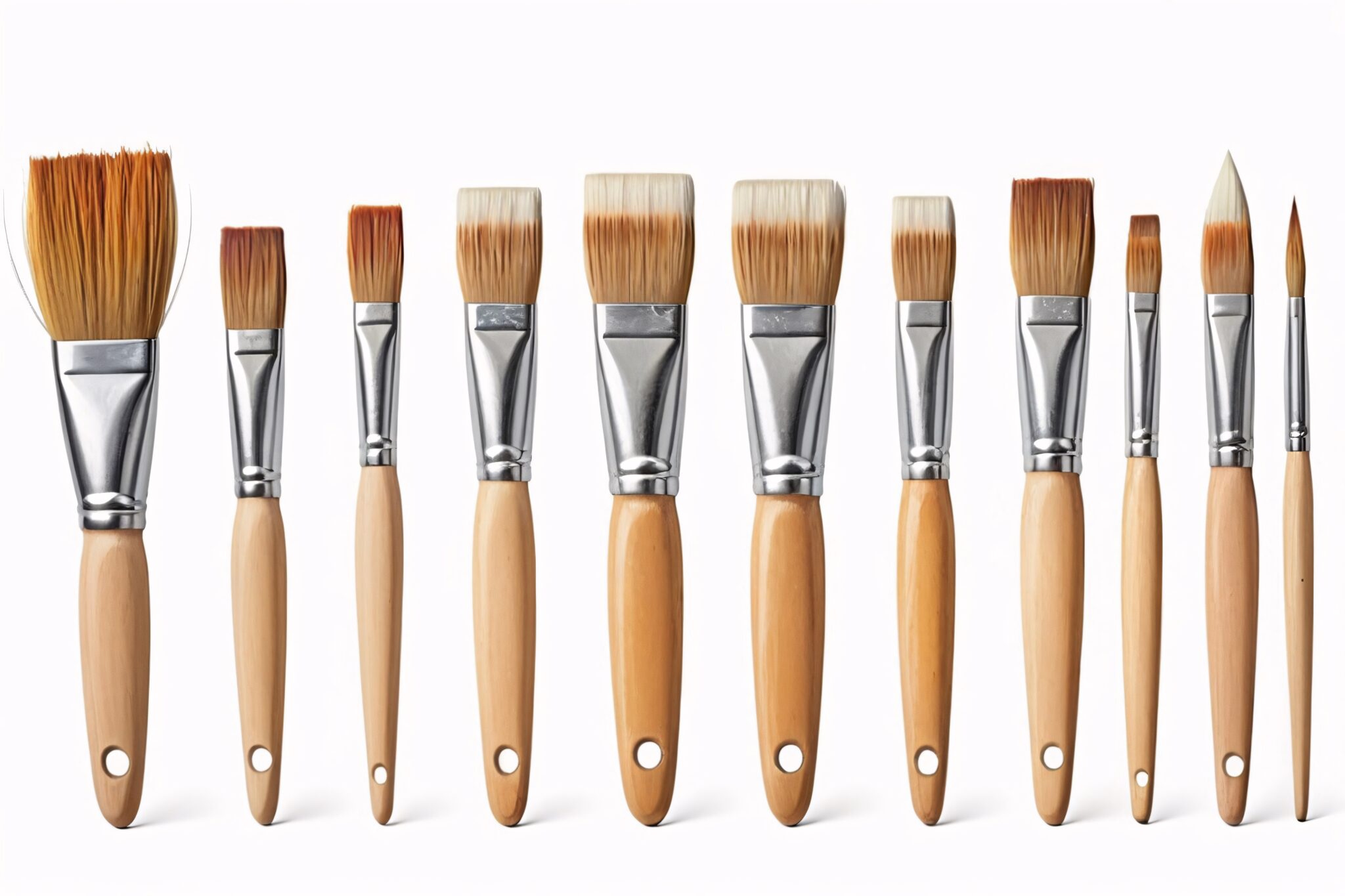 A set of nine different sized paintbrushes with wooden handles and silver ferrules.