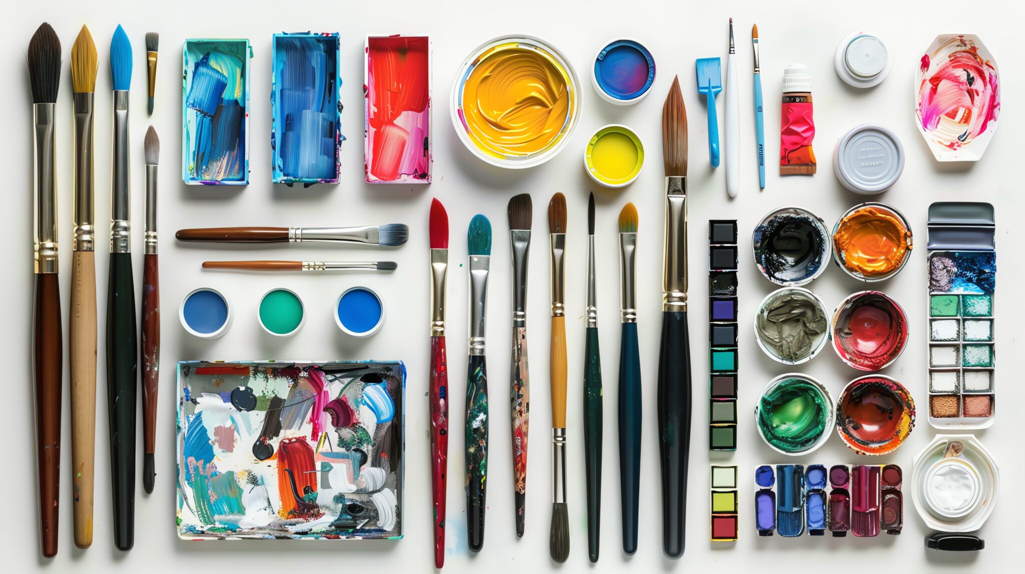 Various art supplies including paint, brushes, and palettes.