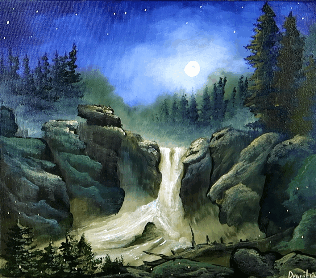 Moonlight Waterfall in the Night Forest | Landscape Art | Oval Brush Technique | Acrylics