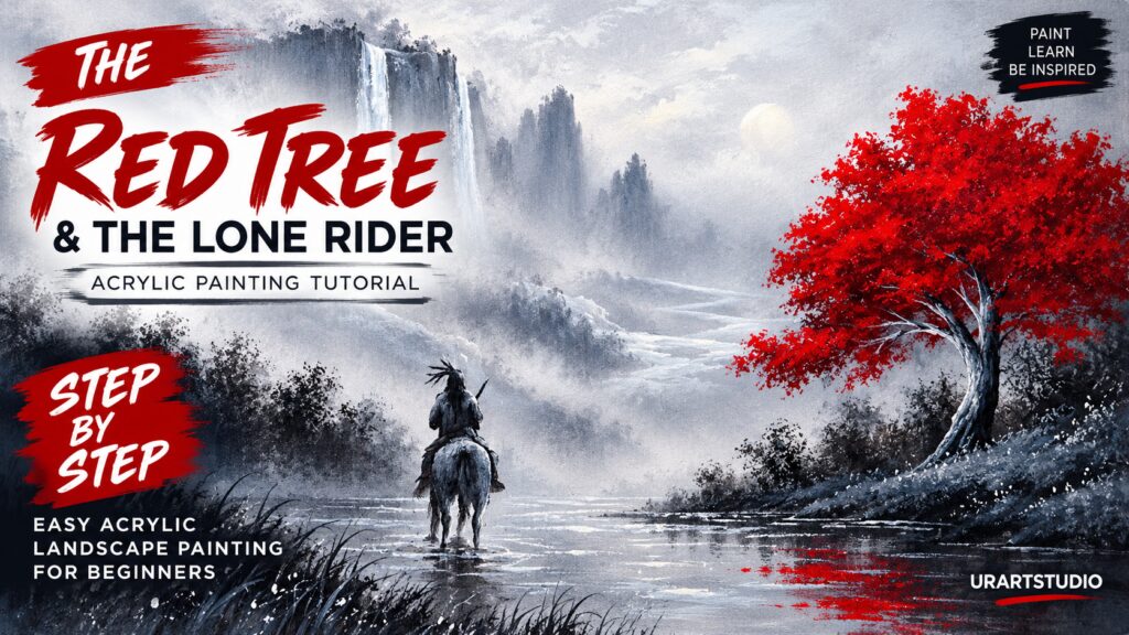 The Red Tree & The Lone Rider 🌳 | Atmospheric Acrylic Landscape Painting #AcrylicPainting #landscapeart
